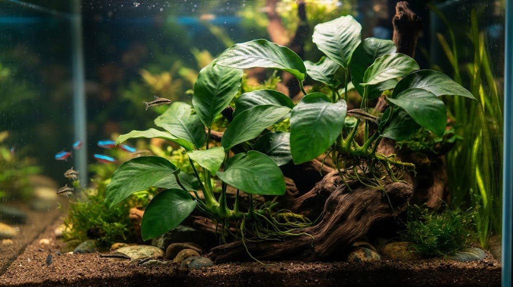 Planta Anubias barteri amarrada a un tronco en un acuario