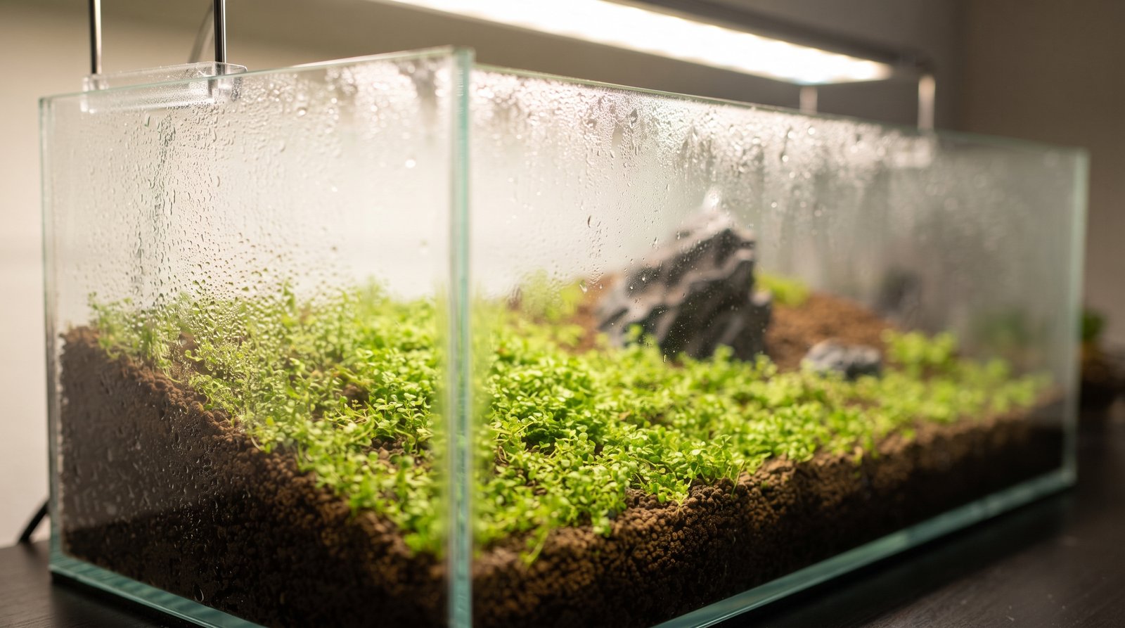Acuario en proceso de Dry Start con plantas tapizantes