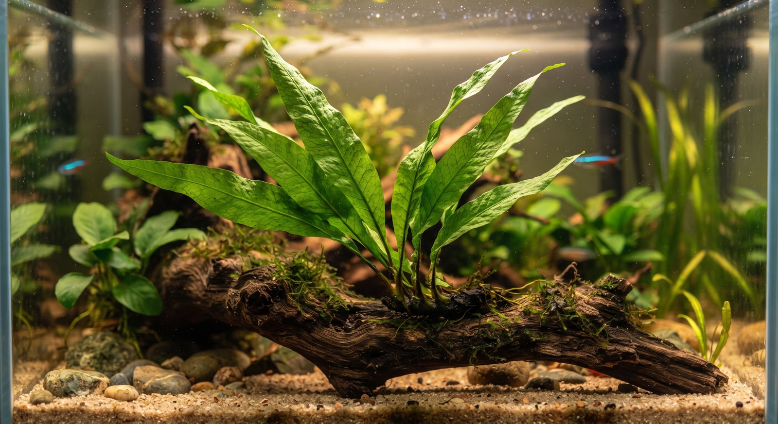 Planta Helechos de java amarrada a un tronco en un acuario