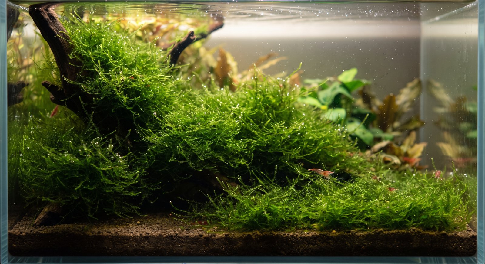 Planta musgo de java amarrada a un tronco en un acuario