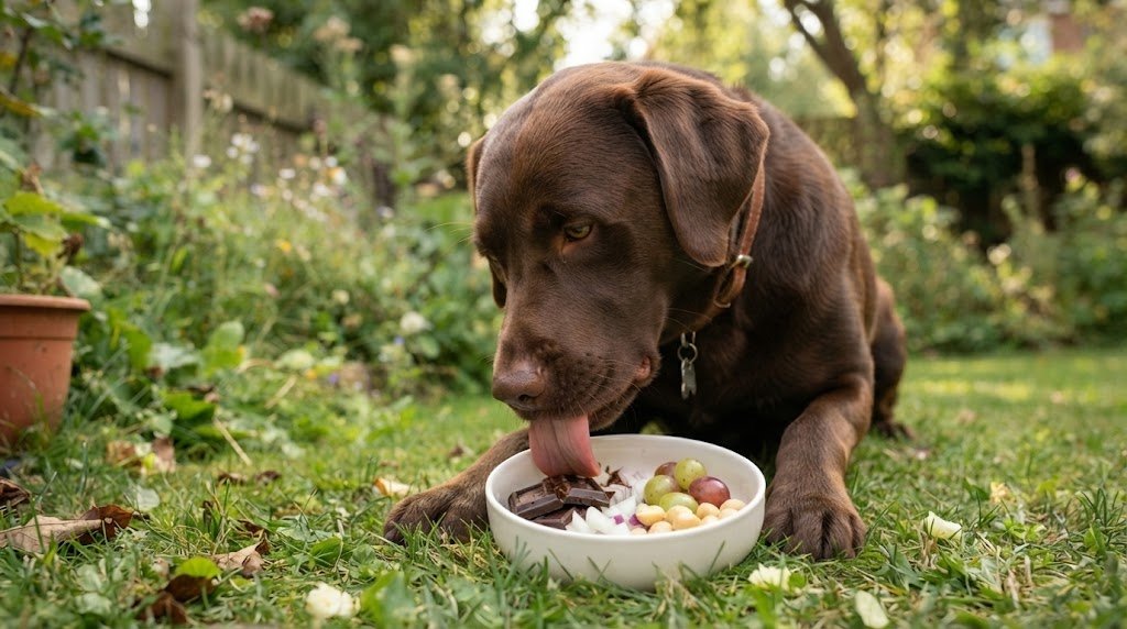 Labrador Chocolate comiendo alimentos prohibidos (chocolate, uvas, cebolla)