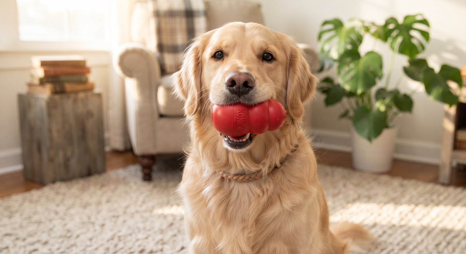 Golden Retriever feliz con un juguete KONG rojo en la boca