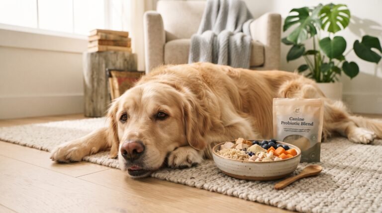 Imagen con un perro con probioticos