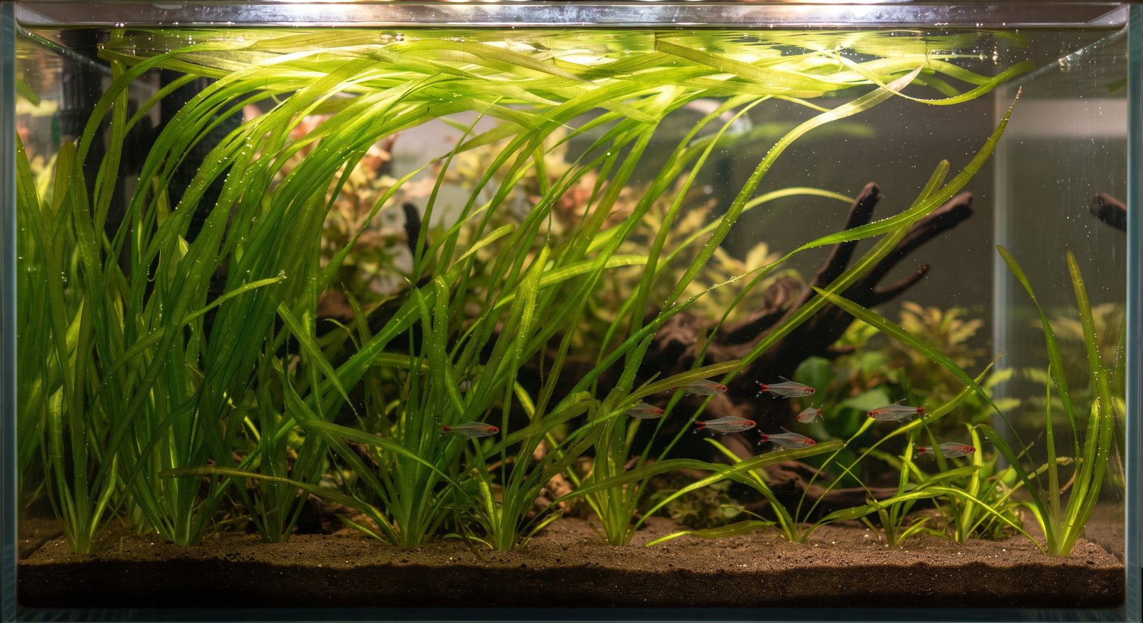 Plantas Vallisneria en un acuario de agua dulce