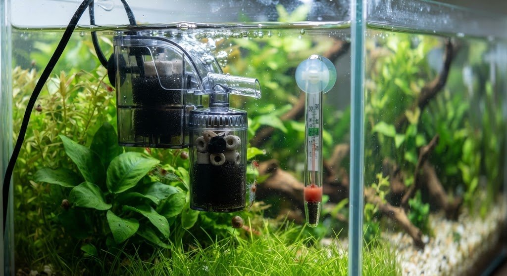 Primer plano de filtro y agua cristalina en un acuario