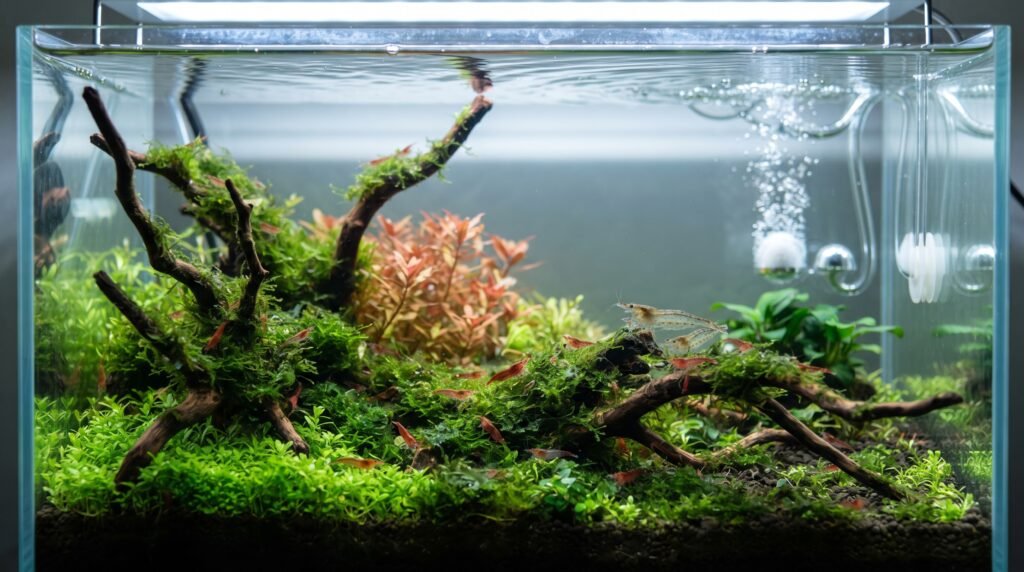 Acuario con plantas y neocaridinas