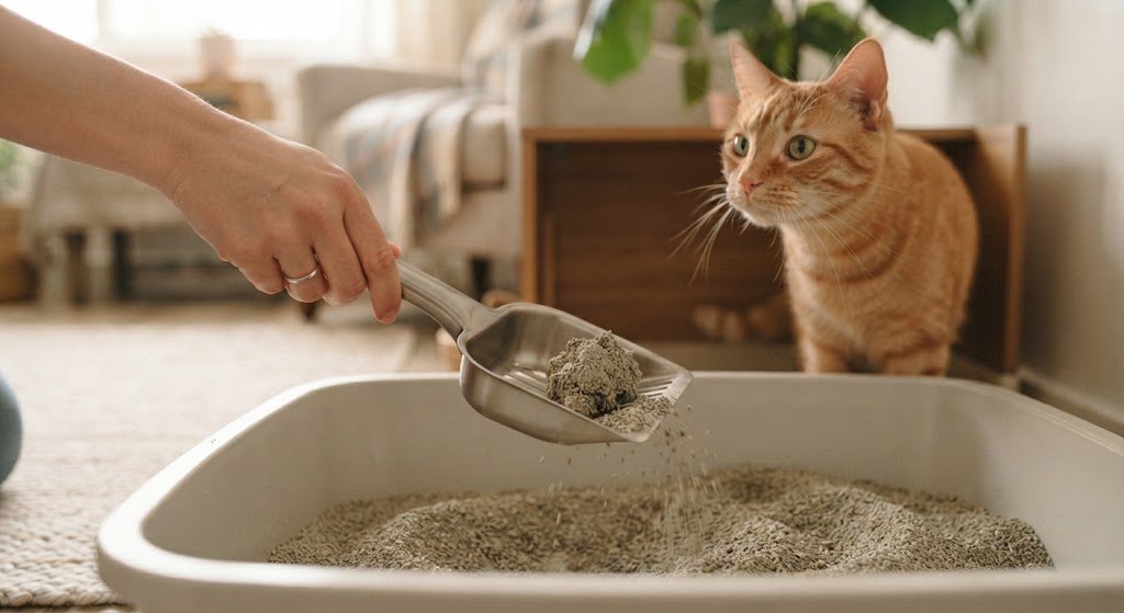 Primer plano de limpieza de arenero de gato con pala