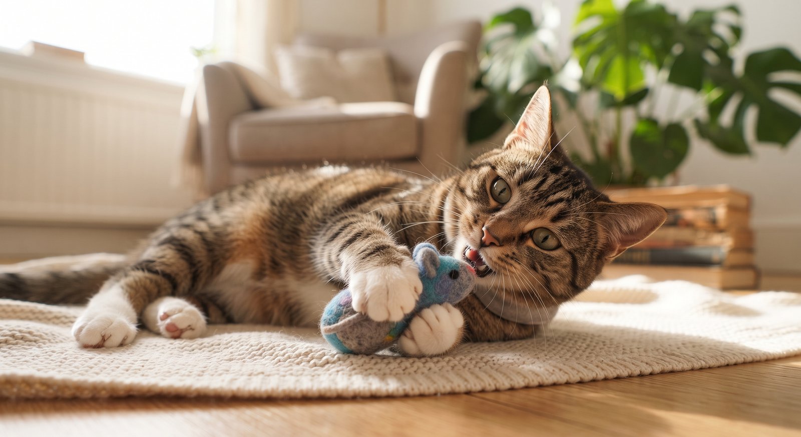 Gato atigrado jugando con un ratón de peluche
