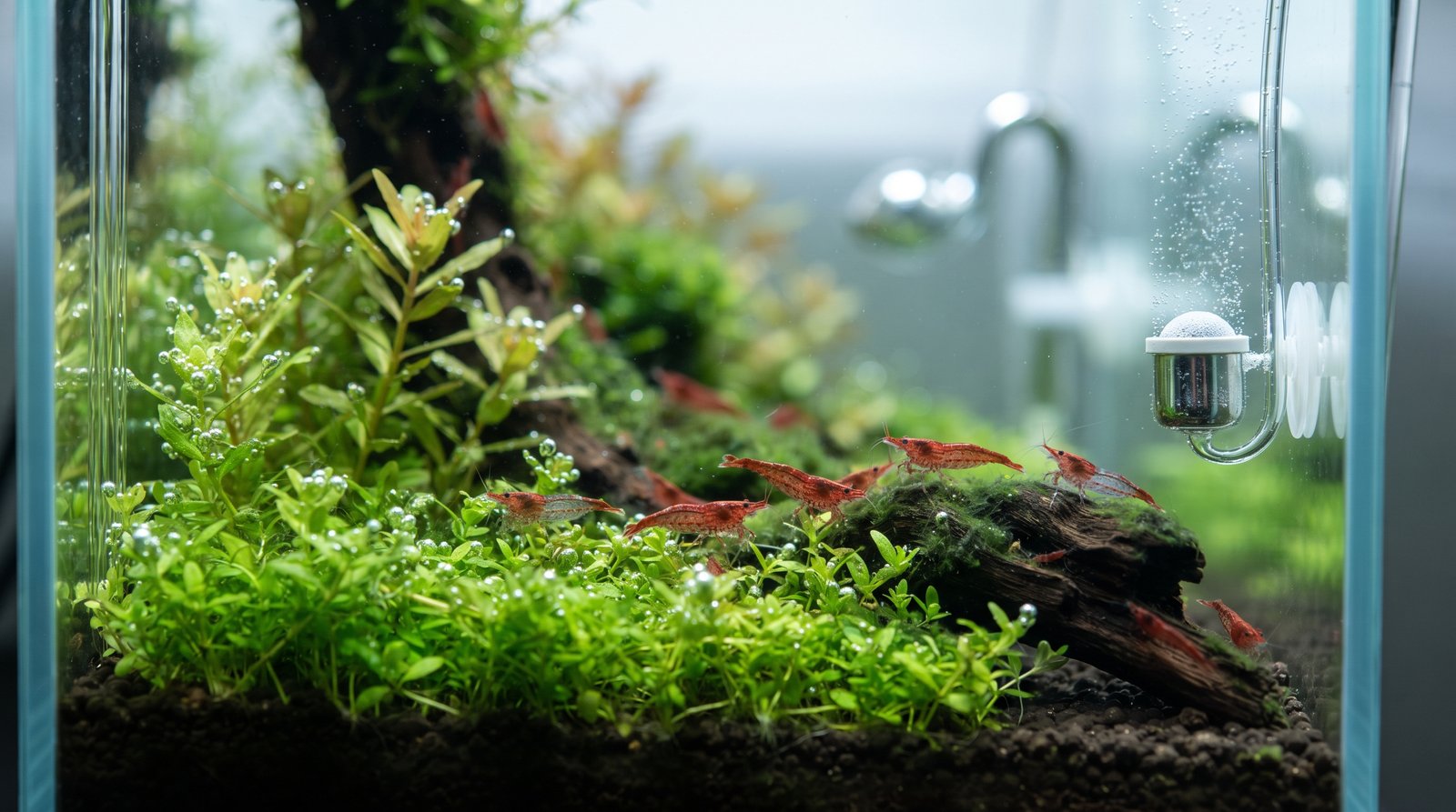 Primer plano de gambas y plantas tapizantes en un acuario avanzado