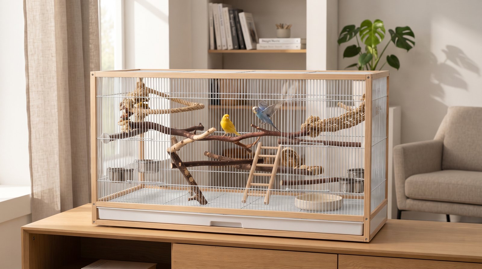 Jaula horizontal amplia y adecuada para aves con perchas naturales