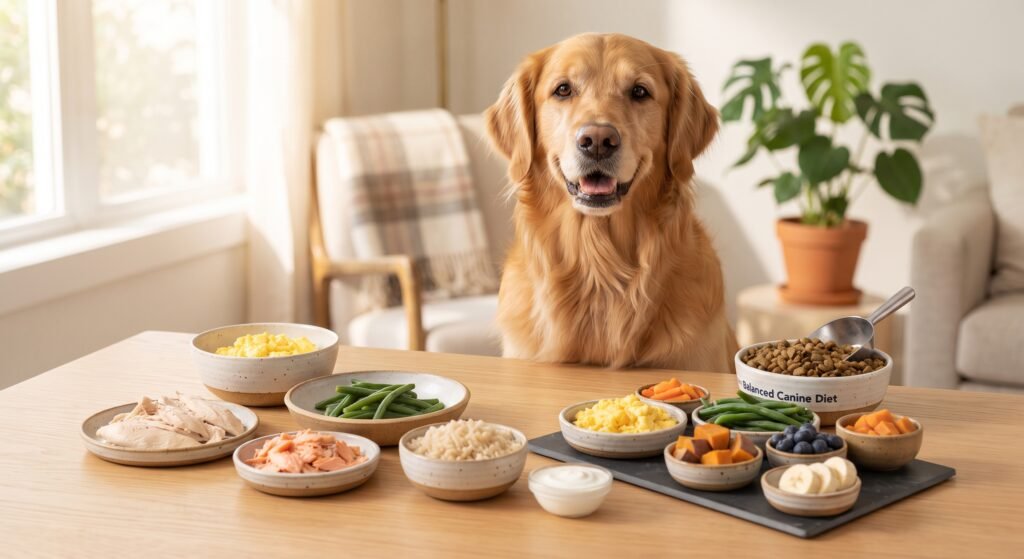 Imagen de un golden retriever con la comida que podria comer