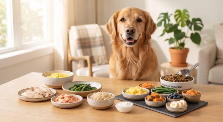 Imagen de un golden retriever con la comida que podria comer
