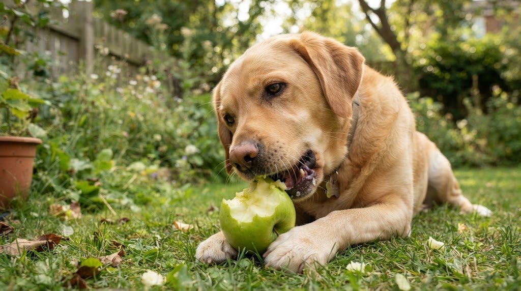Golden Retriever comiendo un trozo de manzana verde