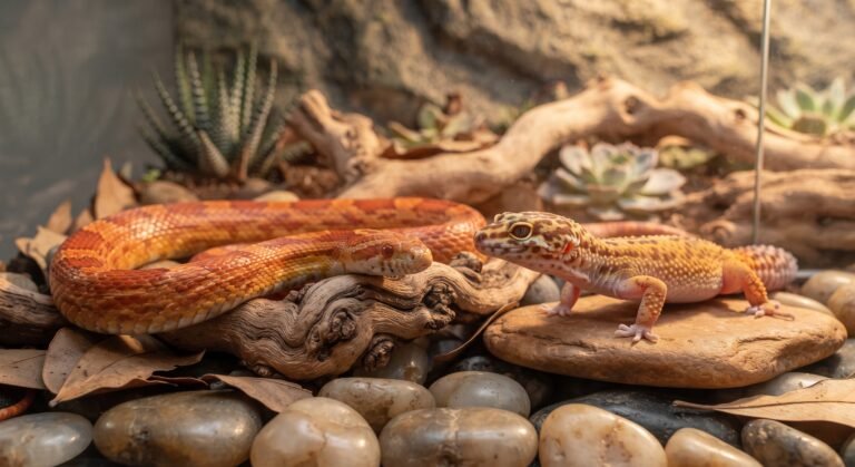 Imagen de portada para la guía de reptiles como mascota con una serpiente y un gecko